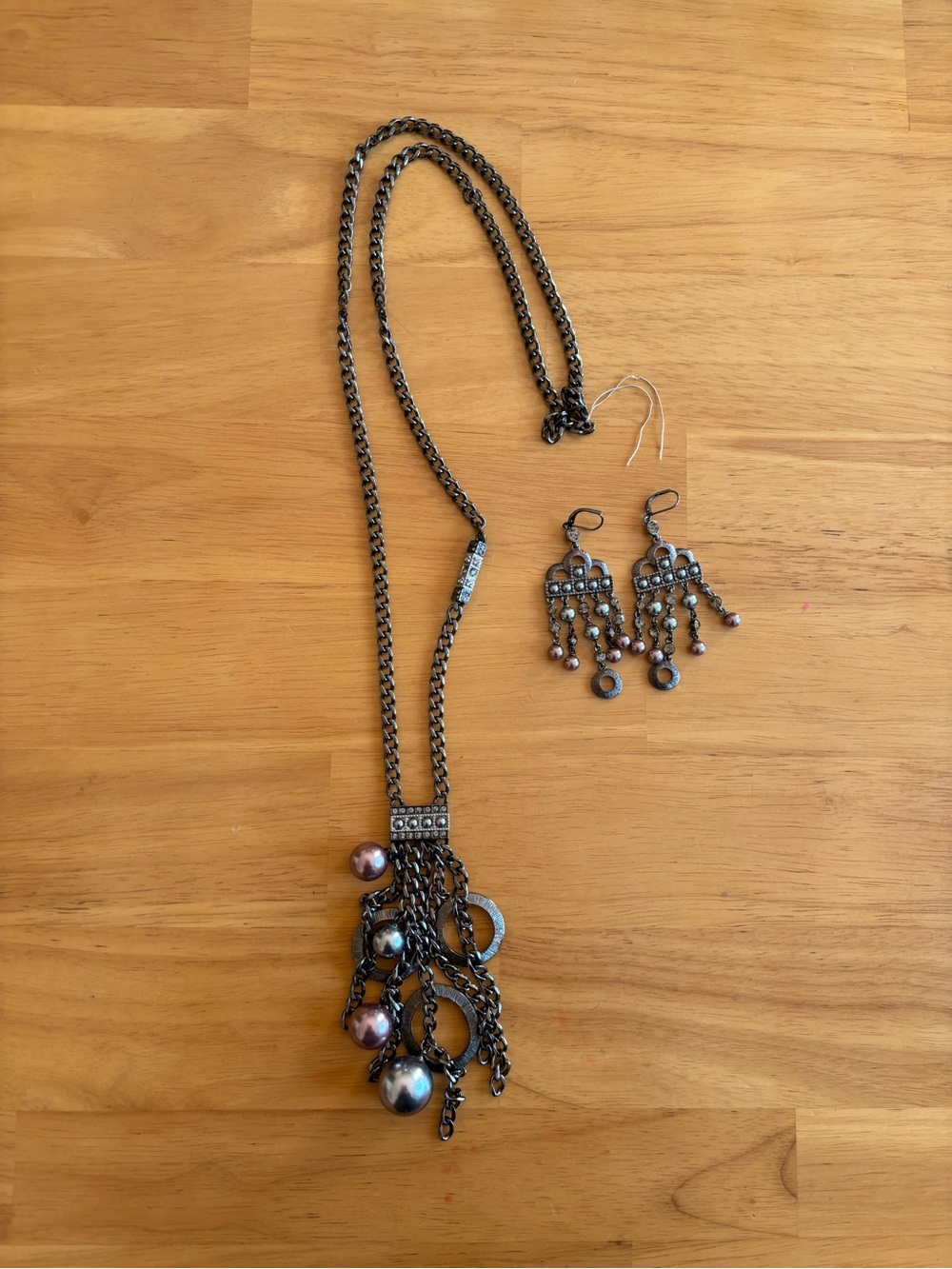 Givenchy Gunmetal Chain Necklace and Earrings Set with‎ Iridescent Beads